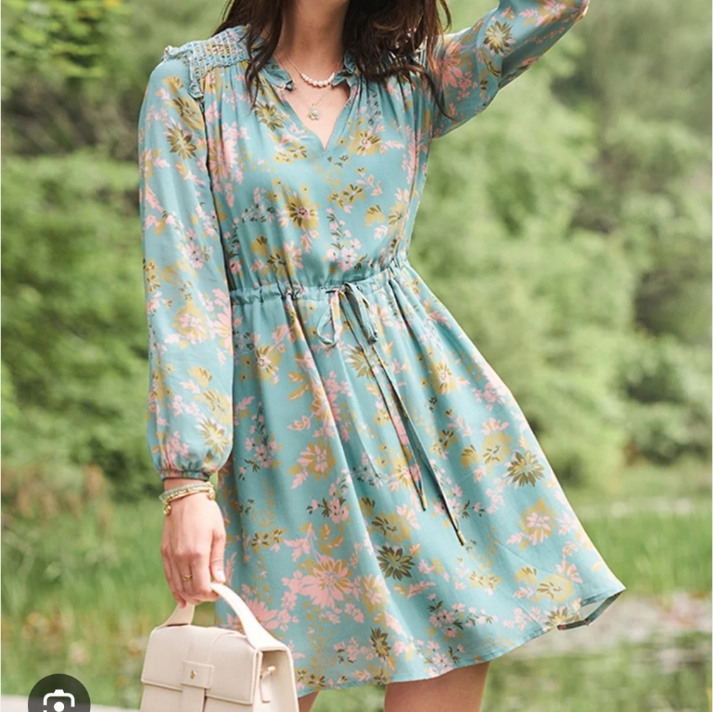 Spartina Long Sleeve Aisley Dress Mystic Moss Dahlia Floral Blue XS Ruffles